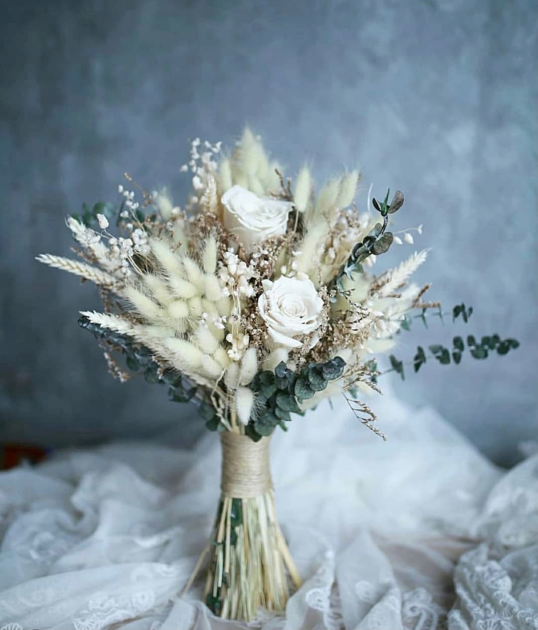 White Preserved Rose Bridal Bouquet /dried Eucalyptus Bouquet/ Boho ...
