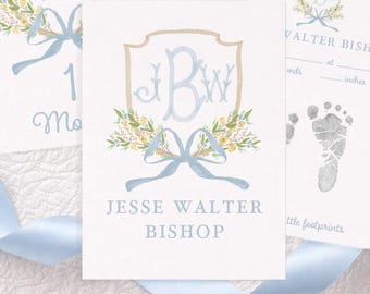 Watercolor Monogrammed Crest Milestone Cards, Baby Shower Gift, Baby Boy Month Cards, Milestone Cards, Month Set, Personalized Keepsake