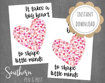 Printable Gift Tag, Teacher Appreciation, Big Heart to Shape Little Minds, Teacher Gift, PTO, PTA Gift, Back to School, Southern Pen & Post