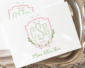 Watercolor Crest Notecards: Monogrammed Golf Cart Stationery
