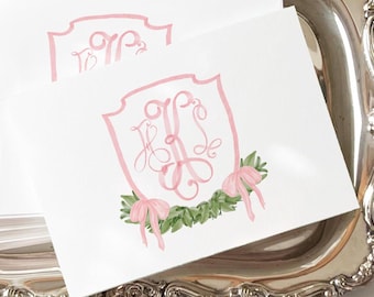 Monogrammed Stationery Set: Personalized Folded Note Cards with Envelopes, Crest Design
