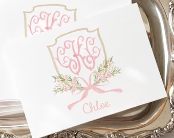 Monogrammed Crest Notecards, Personalized Stationery, Baby Girl Thank You Notes