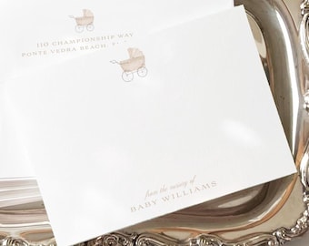 Personalized Baby Girl Stationery: Gender Neutral Tan Watercolor Carriage Notecards