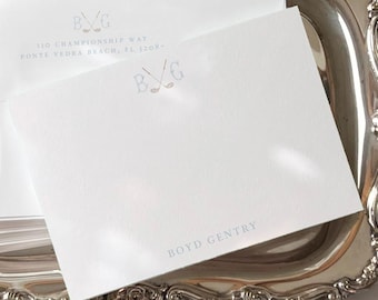 Monogrammed Flat Notecards: Watercolor Golf Crest Stationery Set