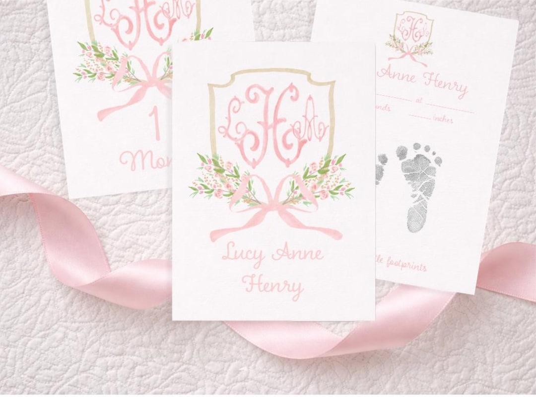 Watercolor Monogrammed Crest Milestone Cards, Baby Shower Gift, Baby ...