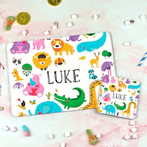 Cute Children's Personalised Animal Placement & Coaster Set - Cute Animals Custom Name Gift For Kids Dinner Set Children's Party Ideas