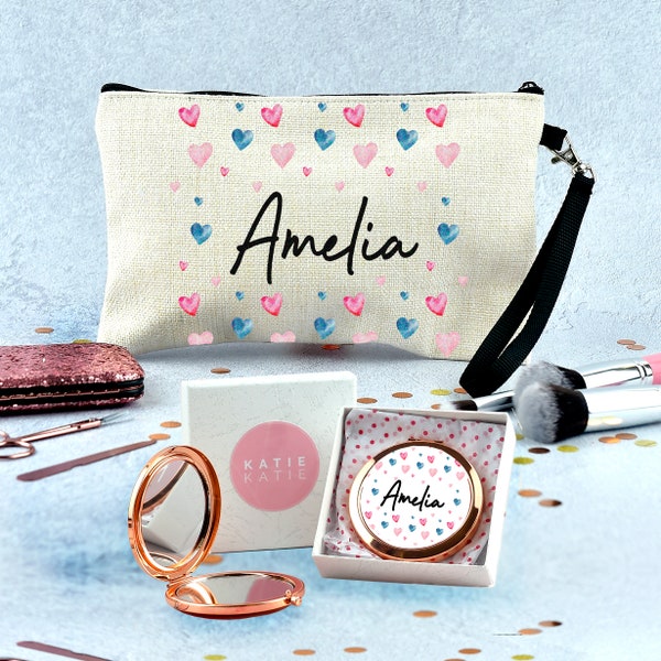 Personalised Make Up Bag & Pocket Mirror - Gift For Girls, Birthday Gifts, Birthday, Gifts for Daughter, Present for Niece, Sister Cute 025