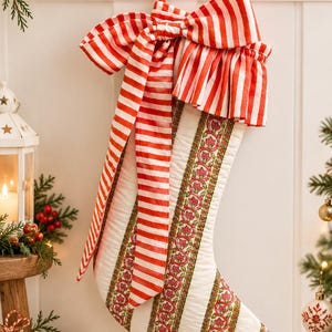 Handmade Christmas Stocking, Quilted Cotton Floral Stocking, Orange & White Block Print Christmas Decor