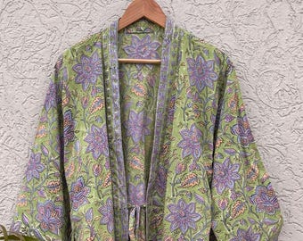Vestaglia kimono in cotone, vestaglie con stampa a blocchi per donna, vestaglia, vestaglie taglie forti, kimono in cotone, copricostume, abbigliamento da casa, abbigliamento casual