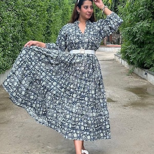 Blue Floral printed cotton long Maxi Dress - V Neckline Maxi Dress - 3/4th Sleeve Maxi Dress Flowy Cotton Summer Dress for Women, Boho Chic