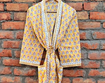 Vestaglia kimono in cotone con stampa a blocchi fatti a mano, vestaglia floreale gialla