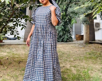 Übergroßes Baumwoll-Maxikleid für Frauen, Kariertes Puffärmelkleid, Boho-Sommerkleid, Loose Fit Cottagecore-Outfit, Geschenk für Sie
