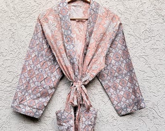 Vestaglia kimono in cotone, vestaglie con stampa a blocchi per donna, vestaglia, vestaglie taglie forti, kimono in cotone, copricostume, abbigliamento da casa, abbigliamento casual