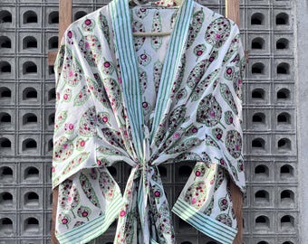 Handmade Block Print Cotton Kimono Robe: Floral Loungewear