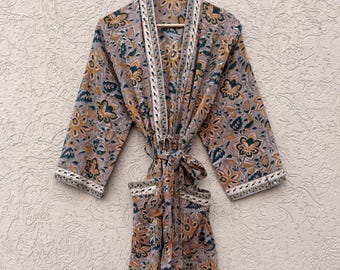 Vestaglia kimono in cotone taglie forti, vestaglia boho con stampa a blocchi di mano, vestaglia leggera floreale grigia, abbigliamento estivo da casa, copricostume da spiaggia