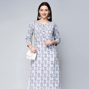Women Blue Cotton Blue Block Print Round Neck Straight Kurta Hand Block print Long slit Cotton kurta Indian Beautiful Casual Wear for women
