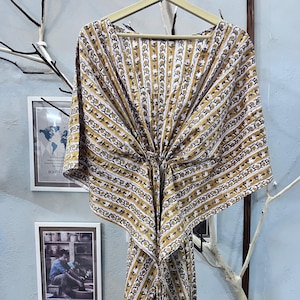 Summer Cotton Kaftan, Yellow Beach Cover Loungewear, Hand Block Print Resort Wear, Indian Block Print Caftan, Moroccan Kaftan, Loose Kimono