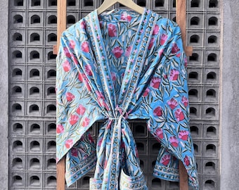 Peignoir kimono en coton imprimé blocs de main : robe de chambre légère à imprimé floral