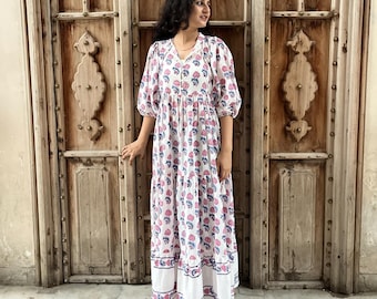 Hand Block Printed Cotton Maxi Dress: Boho Floral Tiered Dress