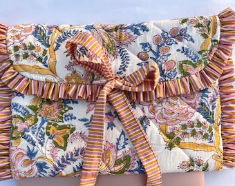 Hand Block Printed Quilted Laptop Sleeve with Bow | Floral Eco-Friendly Cotton Case | MacBook Pro/Air 13&quot;-15&quot; Cover | Electronics Cases