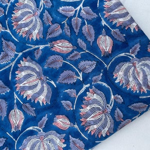 Blue Lotus Cotton Fabric: Hand Block Printed Sanganeri Print by the Yard