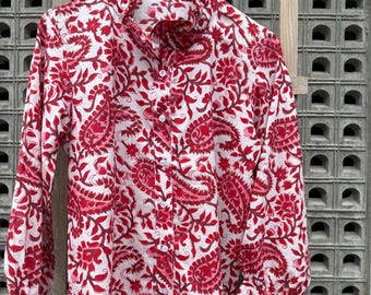 Hand Block Print Baumwolle Rüschen Bluse: Rot & Weiß Langarm Top