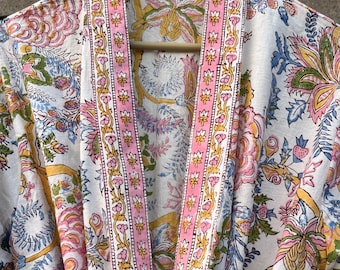 Floral Cotton Kimono Robe: Lightweight Indian Block Print Dressing Gown