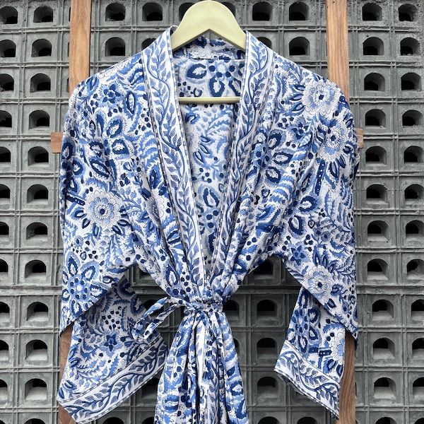Bata kimono de algodón con estampado floral: ropa de estar por casa india