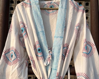 Hand Block Printed Cotton Kimono Robe: Evil Eye Boho Loungewear