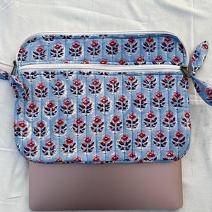 Cotton Quilted Laptop Sleeves, Laptop Case, Handmade Laptop Sleeve Blue Floral Block Print Laptop Sleeve Mac book Cover, Tablet Protector