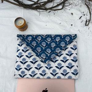 Cotton Quilted Laptop Sleeves, Laptop Case, Handmade Laptop Sleeve, Floral Block Print Mac book Cover, Boho Blue and White Laptop Bag, Case