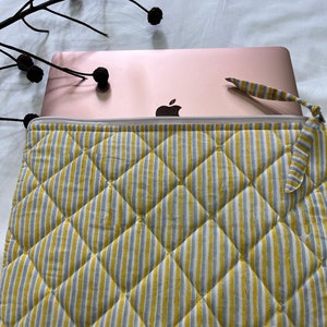 Handcrafted Quilted Laptop Sleeve: Yellow & Blue Stripes, Padded Cotton