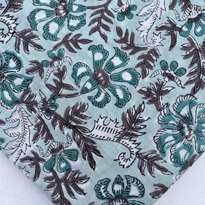 Aqua Blue Indian Block Print Fabric, Floral Print Fabric , By the Yard, Dress Fabric, Quilting Fabric, Sewing Fabric, Upholstery Fabric
