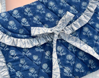 Hand Block Printed Quilted Laptop Sleeve with Bow | Blue Floral Eco-Friendly Cotton Case | MacBook Pro/Air 13&quot;-15&quot; Cover | Electronics Cases