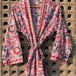 Hand Block Print Cotton Kimono Robe: Floral Dressing Gown