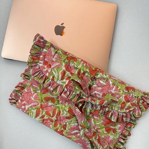 Hand Block Printed Laptop Sleeve: Green Floral Cotton Quilted Case