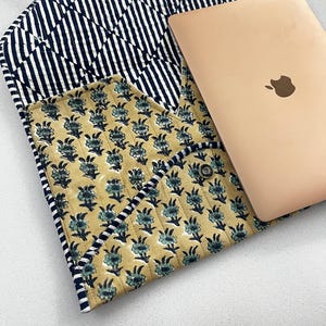 Hand Block Printed Quilted Laptop Sleeve: Beige Floral Cotton MacBook Case