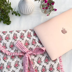 Hand Block Printed Laptop Sleeve: Pink Floral Quilted Cotton Case