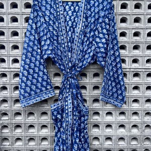 Blue Floral Cotton Kimono Robe: Hand Block Print Loungewear