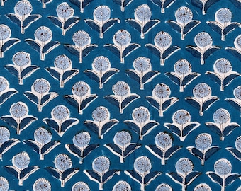 Teal Blue Floral Block Print Cotton Fabric: Indian Handcrafted Quilting Sewing