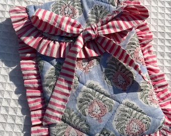 Handmade Quilted Kindle Sleeve: Blue Floral Block Print, Striped Bow