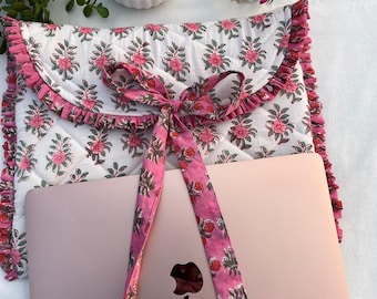 Handmade Quilted Laptop Sleeve: Floral Block Print Cotton MacBook Case