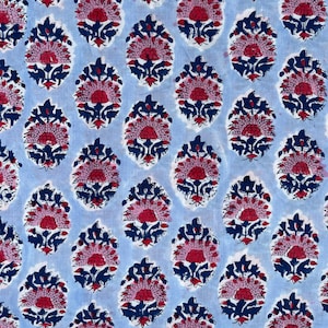 Blue Floral Block Print Cotton Fabric: Sanganeri Style By The Yard