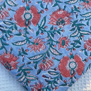 Blue Floral Block Print Cotton Fabric: Soft Sewing Quilting Fabric By The Yard