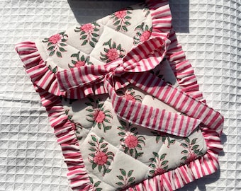 Handmade Quilted Kindle Sleeve: Pink Floral Block Print, Eco-Friendly