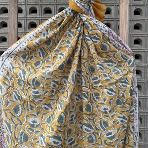 Hand Block Print Cotton Sarong: Yellow Floral Boho Beach Wrap