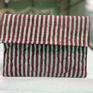 Handcrafted Quilted Laptop Sleeve: Maroon & White Stripes, Padded Cotton