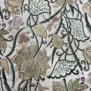 Tissu 100 % pur coton imprimé floral indien beige, vert pâle, tissu par mètre, vêtements pour femmes, rideaux, sacs, tissu doux