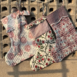 Block Printed Christmas Stockings: Set of 3 Quilted Cotton Holiday Decor