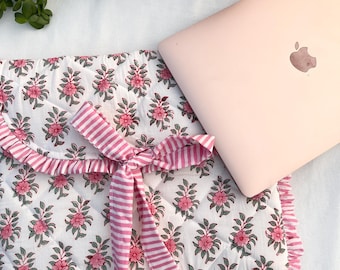 Hand Block Printed Quilted Laptop Sleeve with Bow | Pink Floral Eco-Friendly Cotton Case | MacBook Pro/Air 13&quot;-15&quot; Cover | Electronics Cases